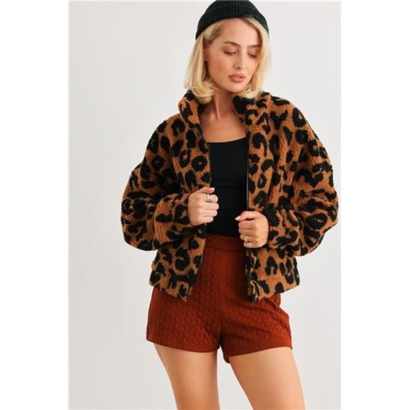 Camel Leopard Print Fuzzy Teddy Knit Zip-up Jacket With Pockets For Women - Picture 3 of 6